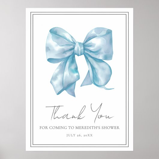 Blue Bow Baby Shower Thank You Sign ポスター (正面)