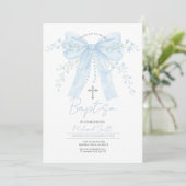 Blue Bow Baptism Boy Christening with Cross 招待状 (スタンド正面)