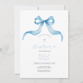 Blue Bow Baptism Invitation Baby Boy Baptism  招待状 (正面)