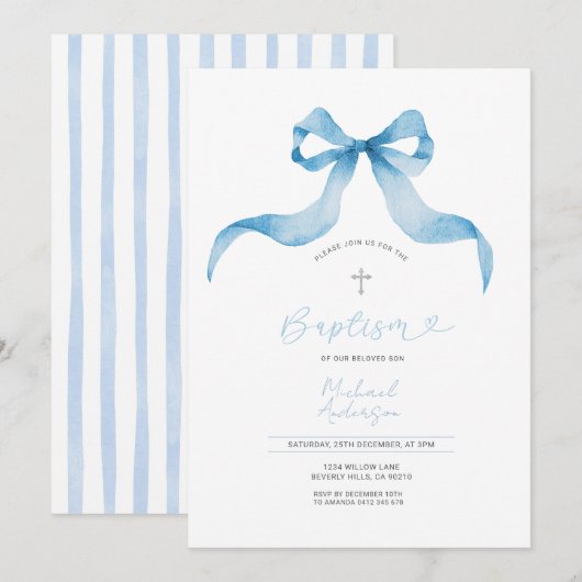 Blue Bow Baptism Invitation Baby Boy Baptism  招待状 (正面/裏面)