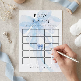 Blue Bow Bingo Baby Shower Game Card 招待状