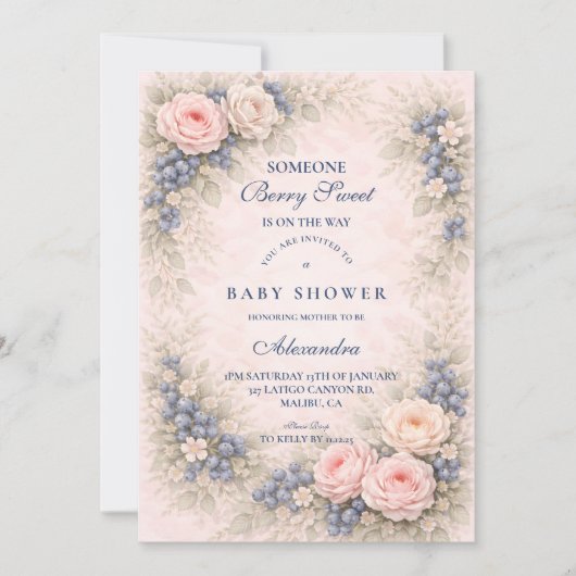 Blue Bow Blueberry Baby Shower 招待状 (正面)