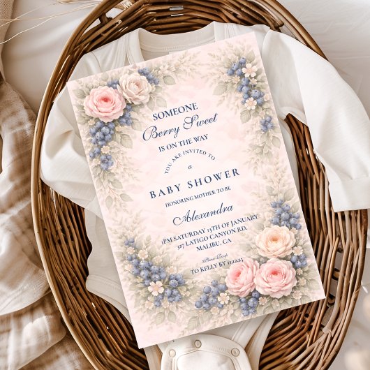 Blue Bow Blueberry Baby Shower 招待状
