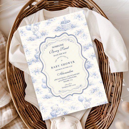 Blue Bow Blueberry Garden Baby Shower 招待状