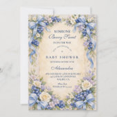 Blue Bow Blueberry Garden Baby Shower 招待状 (正面)