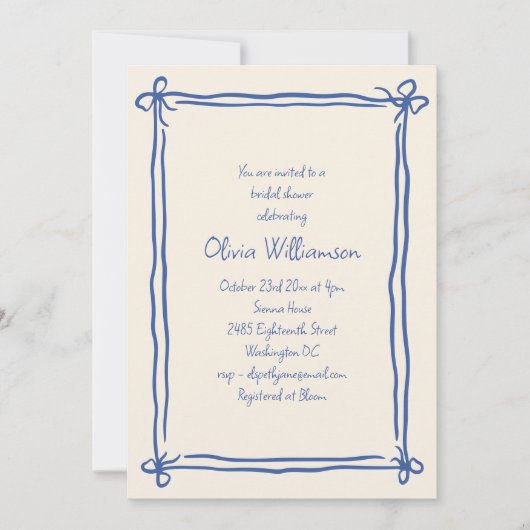 Blue Bow Border Bridal Shower Cornflower 招待状 (正面)