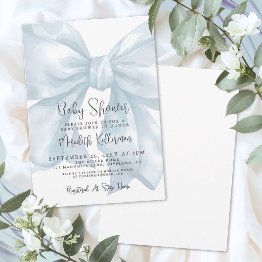 Blue Bow Boy Baby Shower 招待状