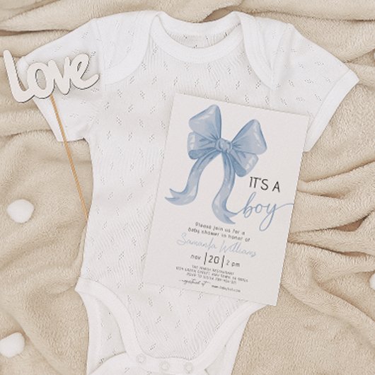 Blue Bow Boy Baby Shower 招待状