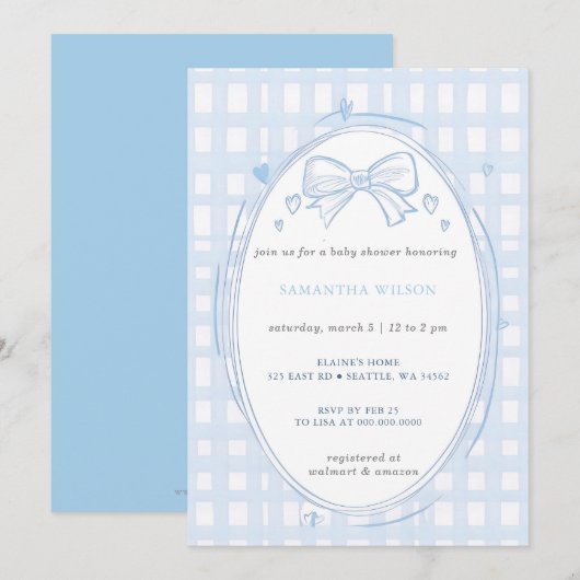 Blue Bow Boy Baby Shower 招待状 (正面/裏面)