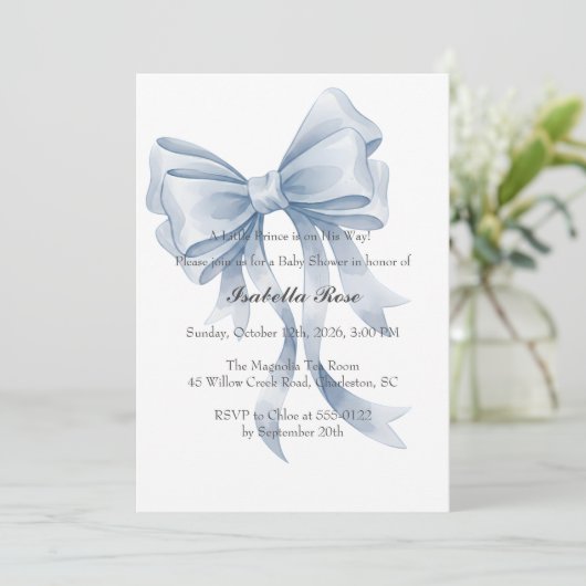 Blue Bow Boy Baby Shower Invitation Coquette 招待状 (スタンド正面)