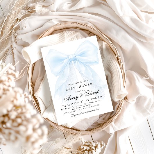 Blue Bow boy Modern Baby Shower  招待状