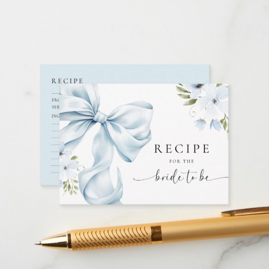 Blue Bow Bridal Shower Recipe Request エンクロージャーカード (正面/裏面インサイチュ)