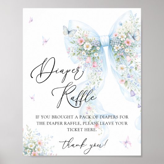 Blue Bow Butterfly Baby Shower Diaper Raffle ポスター (正面)