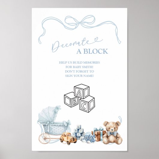 Blue Bow Carriage Baby Shower Decorate Block Sign ポスター (正面)