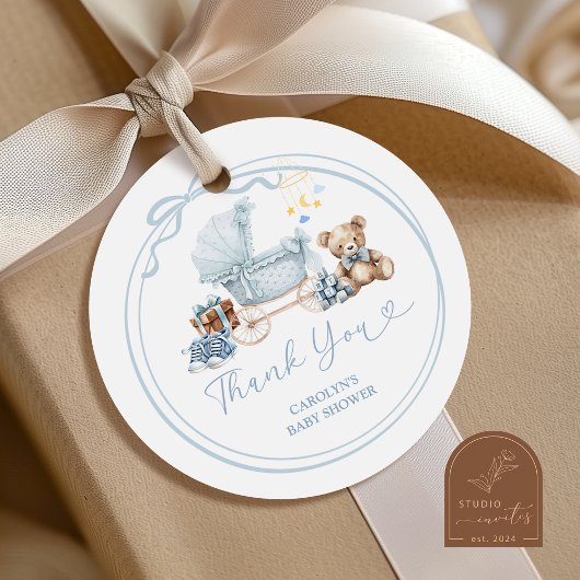 Blue Bow Carriage Baby Shower Thank You Sticker ラウンドシール