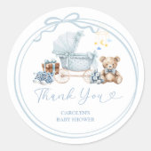 Blue Bow Carriage Baby Shower Thank You Sticker ラウンドシール (正面)