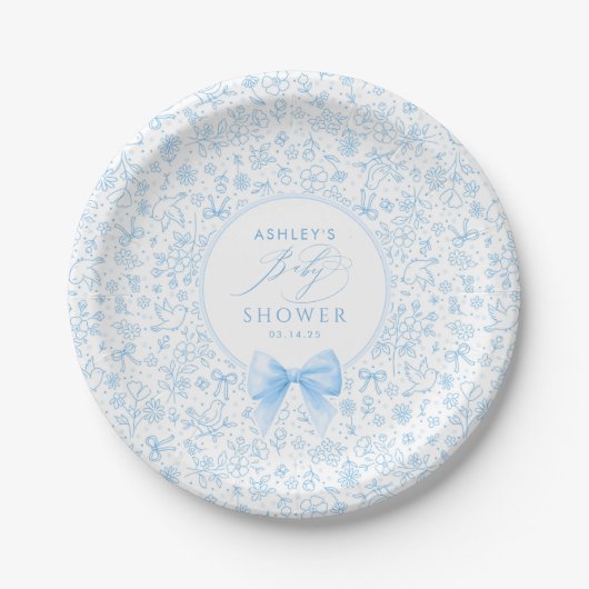 Blue Bow Chinoiserie Wildflowers Baby Shower  ペーパープレート (正面)