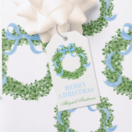 Blue Bow Christmas Boxwood Wreath ギフトタグ