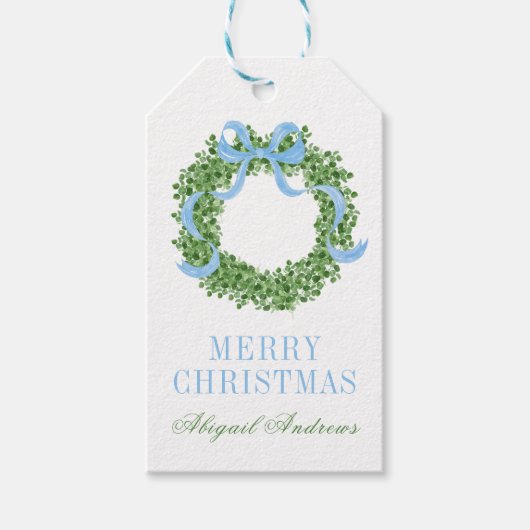 Blue Bow Christmas Boxwood Wreath ギフトタグ (正面)