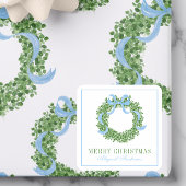 Blue Bow Christmas Boxwood Wreath スクエアシール