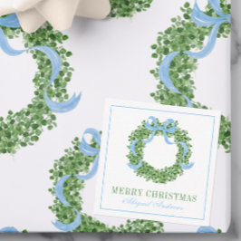 Blue Bow Christmas Boxwood Wreath ノートカード
