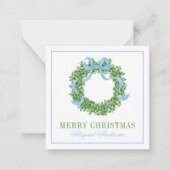 Blue Bow Christmas Boxwood Wreath ノートカード (正面)