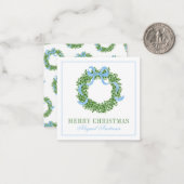 Blue Bow Christmas Boxwood Wreath ノートカード (正面/裏面インサイチュ)