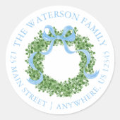 Blue Bow Christmas Boxwood Wreath Address ラウンドシール (正面)