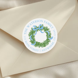 Blue Bow Christmas Boxwood Wreath Address ラウンドシール
