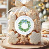 Blue Bow Christmas Boxwood Wreath Gift ラウンドシール