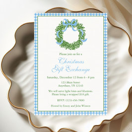 Blue Bow Christmas Boxwood Wreath Party 招待状