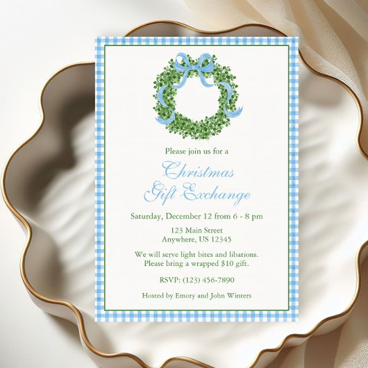 Blue Bow Christmas Boxwood Wreath Party 招待状