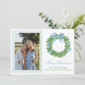Blue Bow Christmas Boxwood Wreath Photo シーズンカード (スタンド正面)