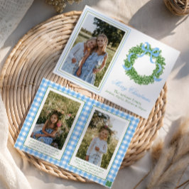 Blue Bow Christmas Boxwood Wreath Photo シーズンカード