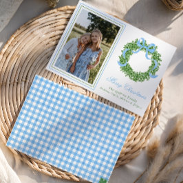 Blue Bow Christmas Boxwood Wreath Photo シーズンカード