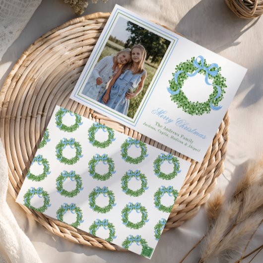Blue Bow Christmas Boxwood Wreath Photo シーズンカード