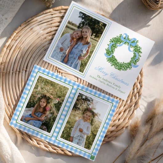 Blue Bow Christmas Boxwood Wreath Photo シーズンカード
