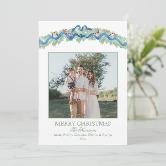 Blue Bow Christmas Garland Nutcracker 2 Photos シーズンカード (スタンド正面)