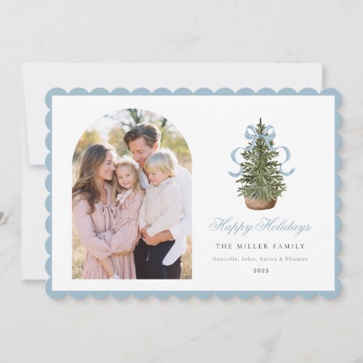 Blue Bow Christmas Tree Holiday Card シーズンカード (正面)