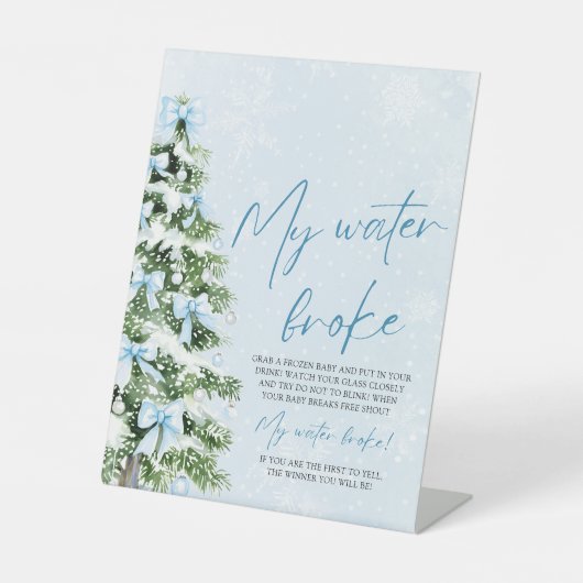 Blue Bow Christmas Tree My Water Broke Baby Shower 台座サイン (正面)