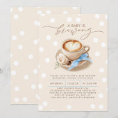 Blue Bow Coffee Baby Is Brewing Boy Baby Shower 招待状 (正面/裏面)