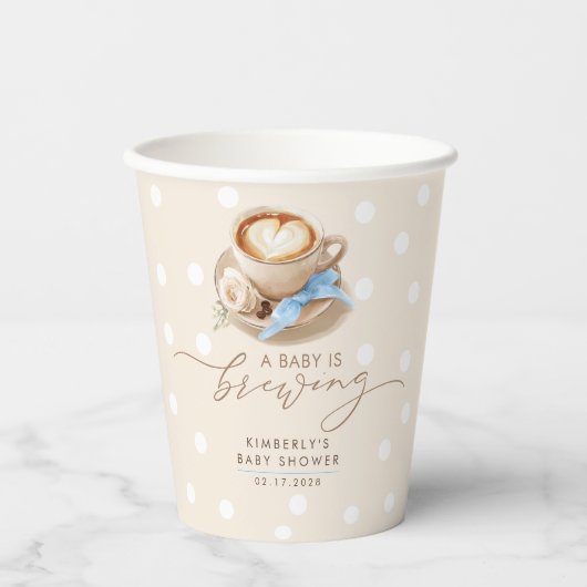 Blue Bow Coffee Baby Is Brewing Boy Baby Shower 紙コップ (正面)