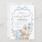 Blue Bow Coquette Beary First Birthday 招待状 (正面)
