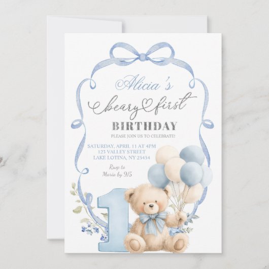Blue Bow Coquette Beary First Birthday 招待状 (正面)