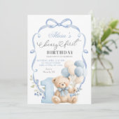 Blue Bow Coquette Beary First Birthday 招待状 (スタンド正面)