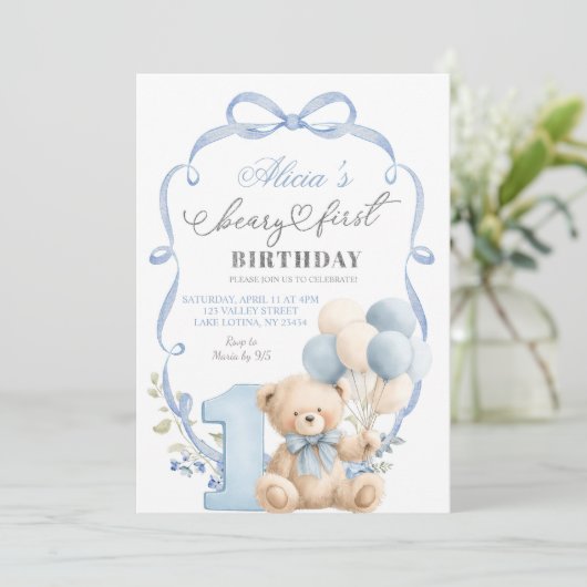 Blue Bow Coquette Beary First Birthday 招待状 (スタンド正面)