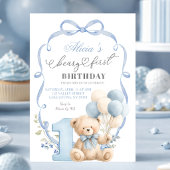 Blue Bow Coquette Beary First Birthday 招待状