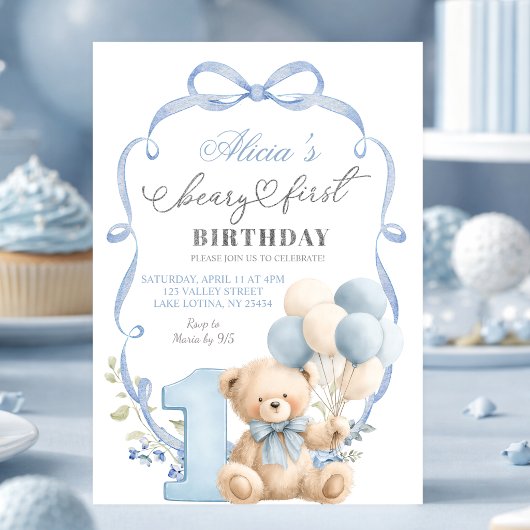 Blue Bow Coquette Beary First Birthday 招待状