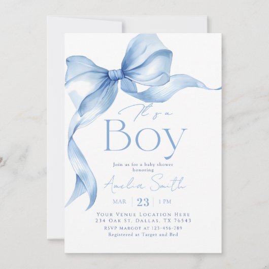 Blue Bow Coquette Boy Baby Shower 招待状 (正面)