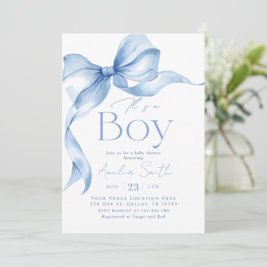 Blue Bow Coquette Boy Baby Shower 招待状 (スタンド正面)